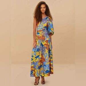 FARM Rio Yellow Jungle Panther One-Shoulder Midi Dress